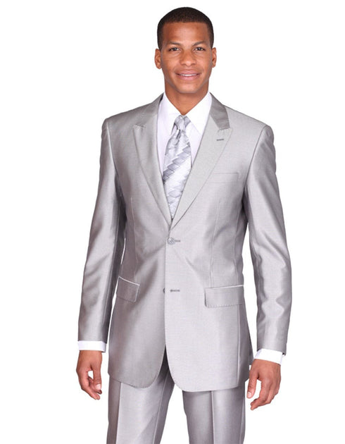 Mens Grey Suit Mens 2 Button Peak Lapel Shiny Sharkskin Suit in Silver Grey