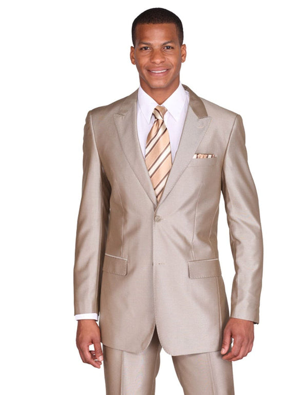 Mens Shiny Mens 2 Button Peak Lapel Shiny Sharkskin Suit in Tan