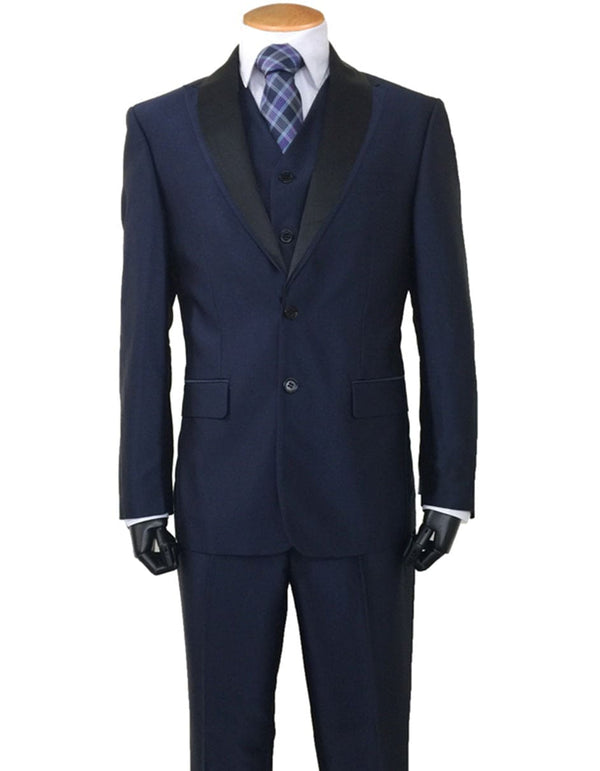 Navy Sharkskin Suit Mens 2 Button Sharkskin Tuxedo with Satin Shawl in Navy