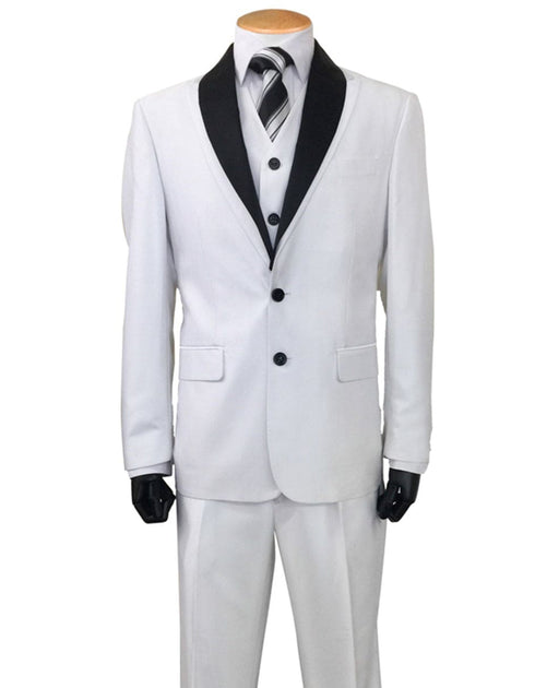 Mens Cheap White Suit 2 Button Sharkskin Tuxedo with Satin Shawl in White