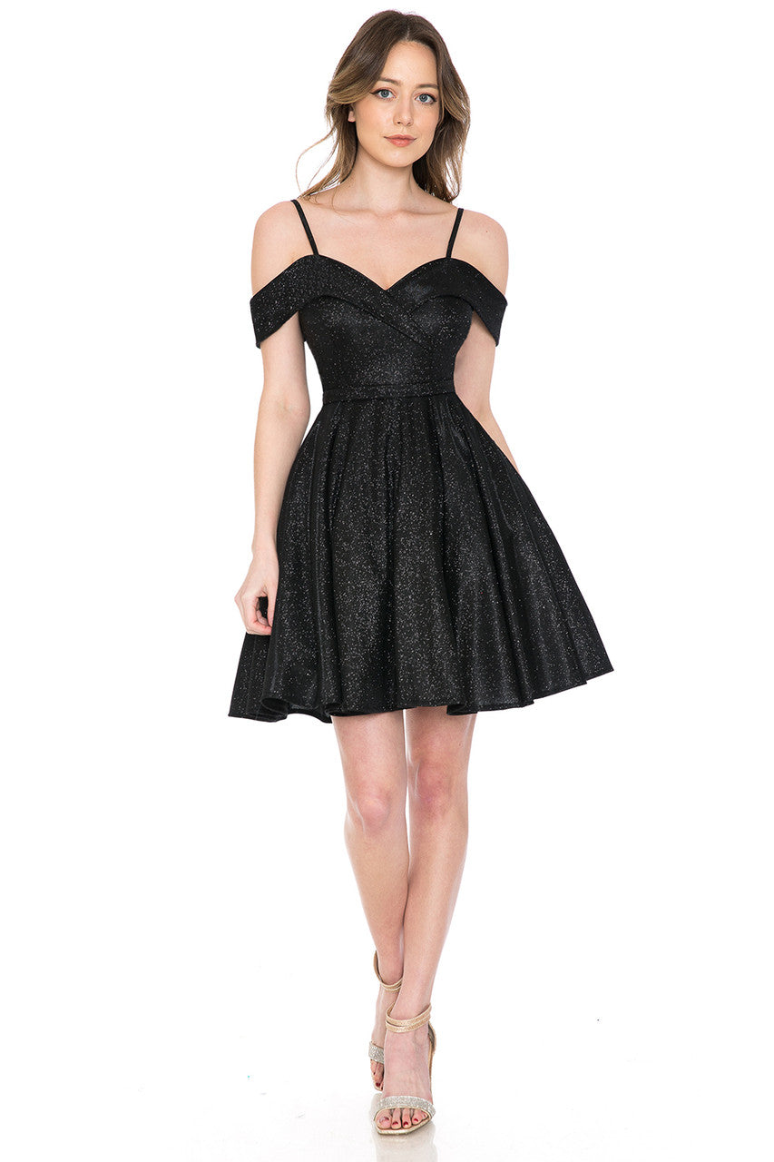 Lenovia 5228 Short Metallic Glitter Cold Shoulder A-Line Dress