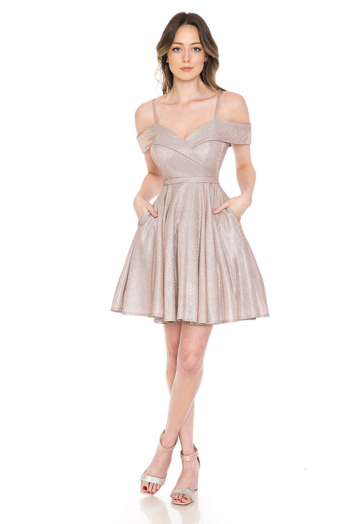Lenovia 5228 Short Metallic Glitter Cold Shoulder A-Line Dress