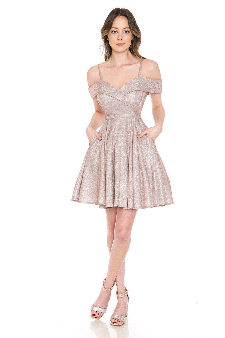 Lenovia 5228 Short Metallic Glitter Cold Shoulder A-Line Dress