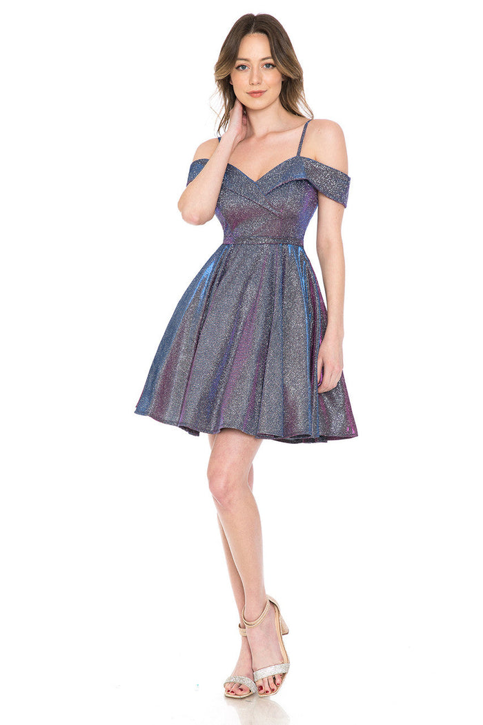 Lenovia 5228 Short Metallic Glitter Cold Shoulder A-Line Dress