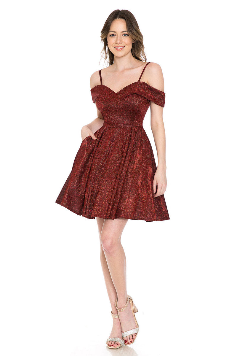 Lenovia 5228 Short Metallic Glitter Cold Shoulder A-Line Dress