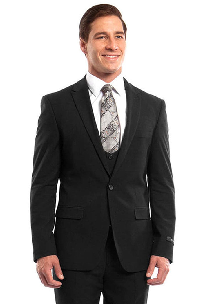 "Black Men's Wedding & Prom 2026 Suit - One Button Peak Lapel Skinny with Lowcut Vest"
