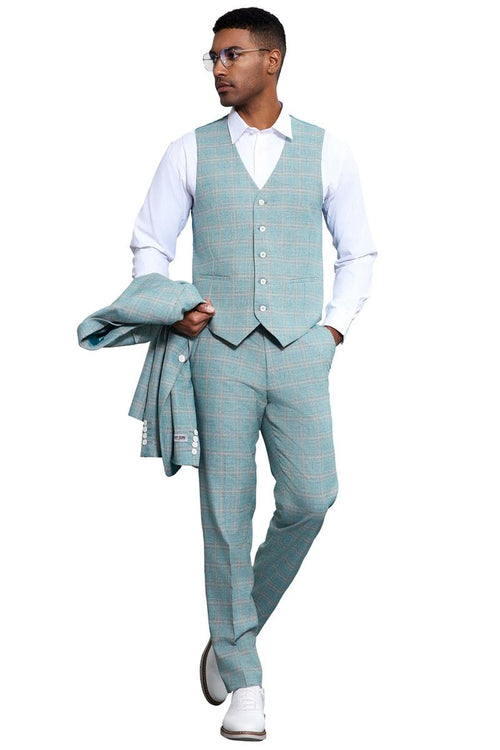 Stacy Adams men's suit in light turquoise green with plaid. Vest features peak lapel, five buttons, and matches the trousers. Smooth, structured fabric, perfect for formal occasions.
