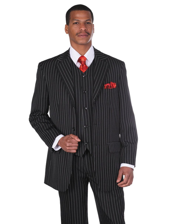 Gangster Suit - Mobster Suit - Mafia Suit For Mens 3 Button Notch Lapel Bold Pinstripe Gangster Suit in Black