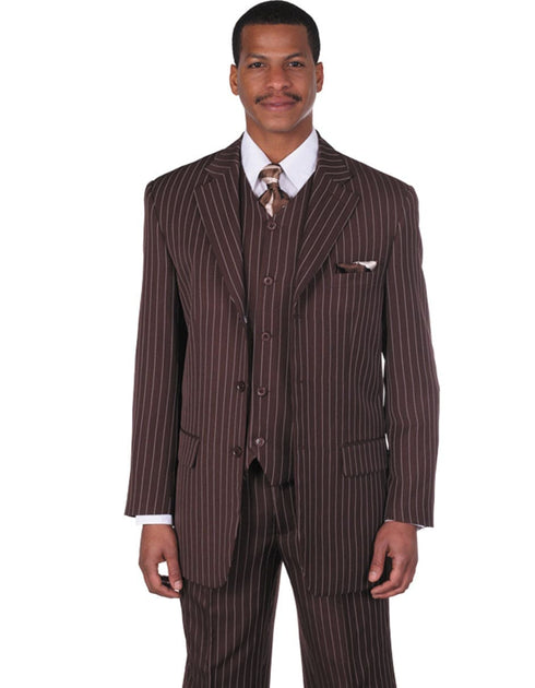 Mens 3 Button Notch Lapel Bold Pinstripe Gangster Suit in Brown