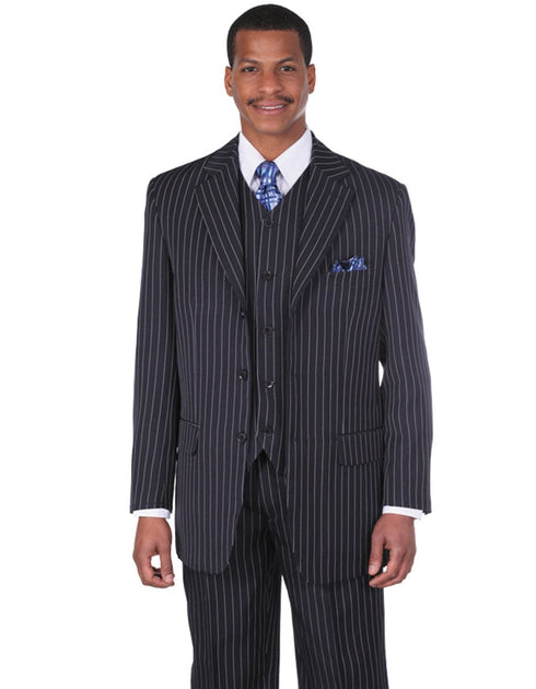 Mens Cheap Blue Suit 3 Button Notch Lapel Bold Pinstripe Gangster Suit in Navy Blue