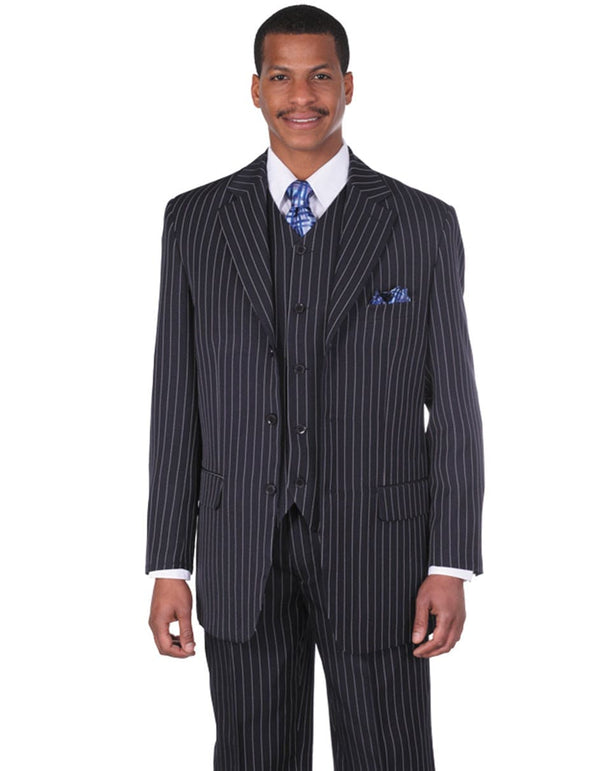 Mens Cheap Blue Suit 3 Button Notch Lapel Bold Pinstripe Gangster Suit in Navy Blue