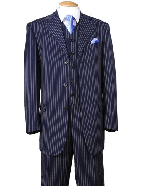 Mens Cheap Blue Suit 3 Button Notch Lapel Bold Pinstripe Gangster Suit in Navy Blue