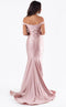 Jessica Angel JA581 Off-Shoulder Fitted Open Back Draped Court Train Jersey Dress