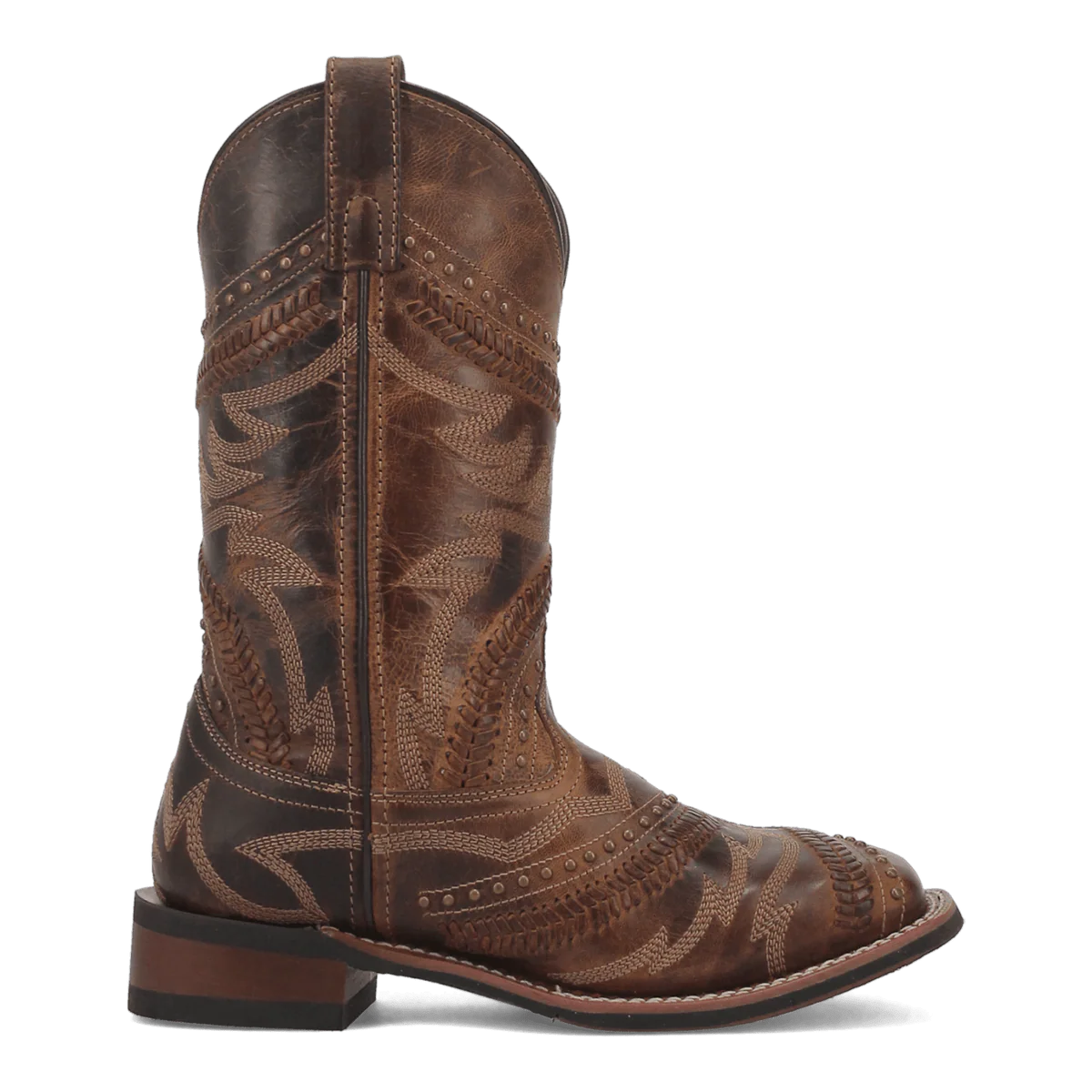 Distressed brown leather Laredo Charli Boot. Tall shaft, pointed toe, stacked heel. Intricate stitching, tonal embroidery, and decorative studs. Flat outsole.
