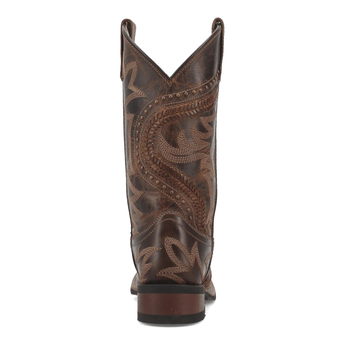 Laredo Charli women's boot: Tall, textured dark brown leather with tan embroidery. Pointed toe, V-cut top. Wooden square heel, rubber sole for traction. Classic Western style.
