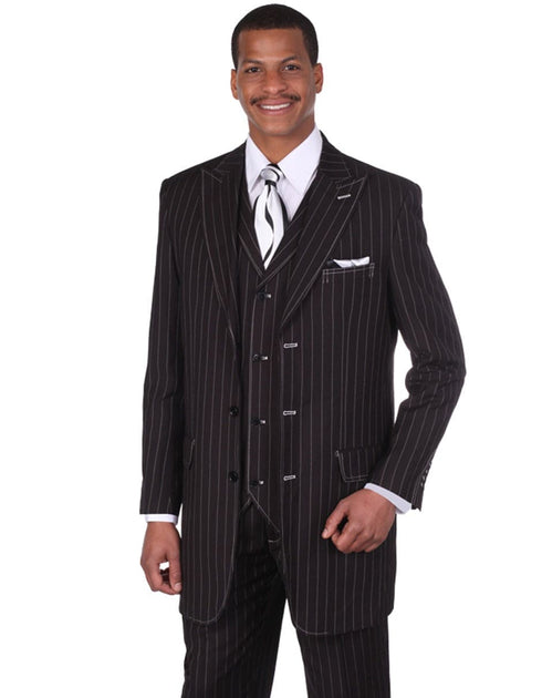 Gangster Suit - Mobster Suit - Mafia Suit For Mens 3 Button Peak Lapel Bold Pinstripe Gangster Suit in Black & White