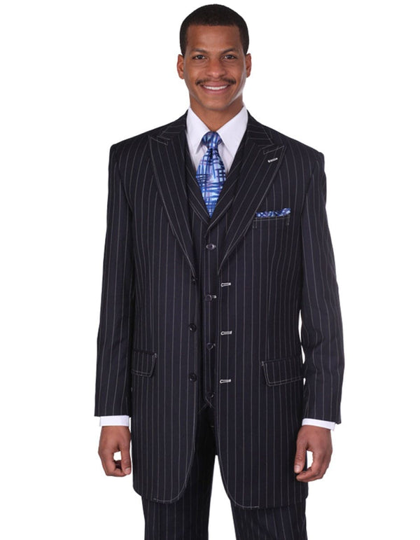 Mens Cheap Blue Suit 3 Button Peak Lapel Bold Pinstripe Gangster Suit in Navy Blue