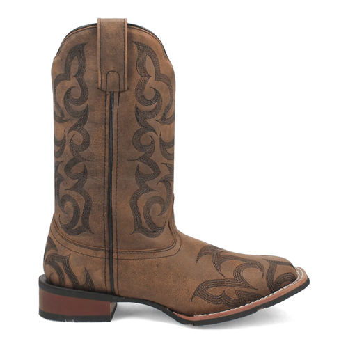 Laredo Sariah boot. Tall, brown suede. Intricate black stitching on shaft & toe. Medium stacked heel. Pull tab for easy wear.
