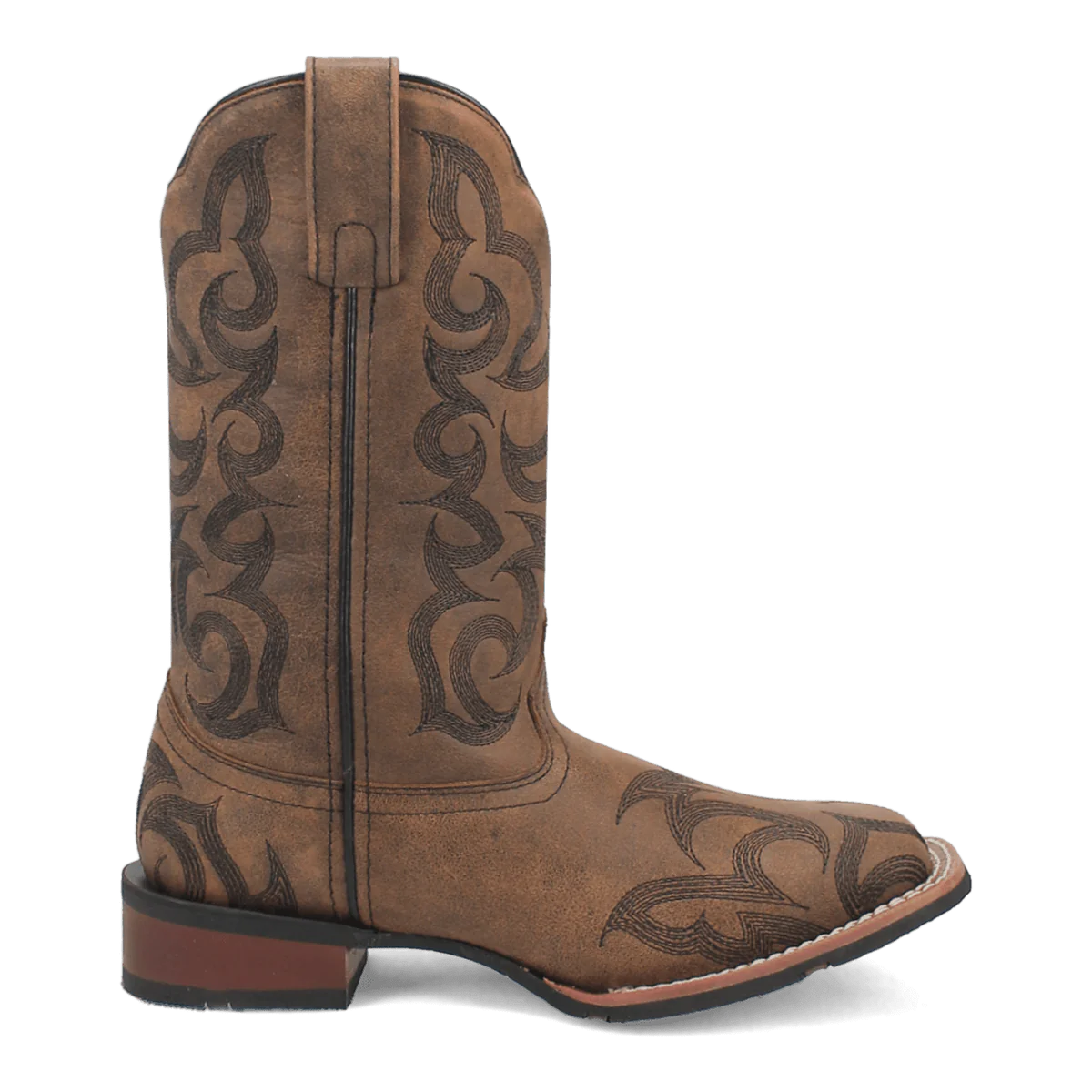 Laredo Sariah boot. Tall, brown suede. Intricate black stitching on shaft & toe. Medium stacked heel. Pull tab for easy wear.
