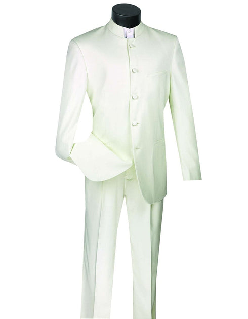 Mens Cheap White Suit 5 Button Mandarin Collar Tuxedo Suit in Ivory