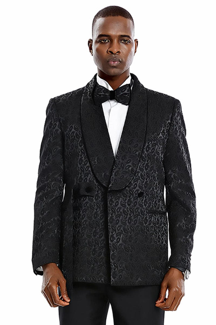 "Men's Slim Fit Double Breasted Black Paisley Tuxedo - Prom 2026 & Wedding Smoking Jacket"