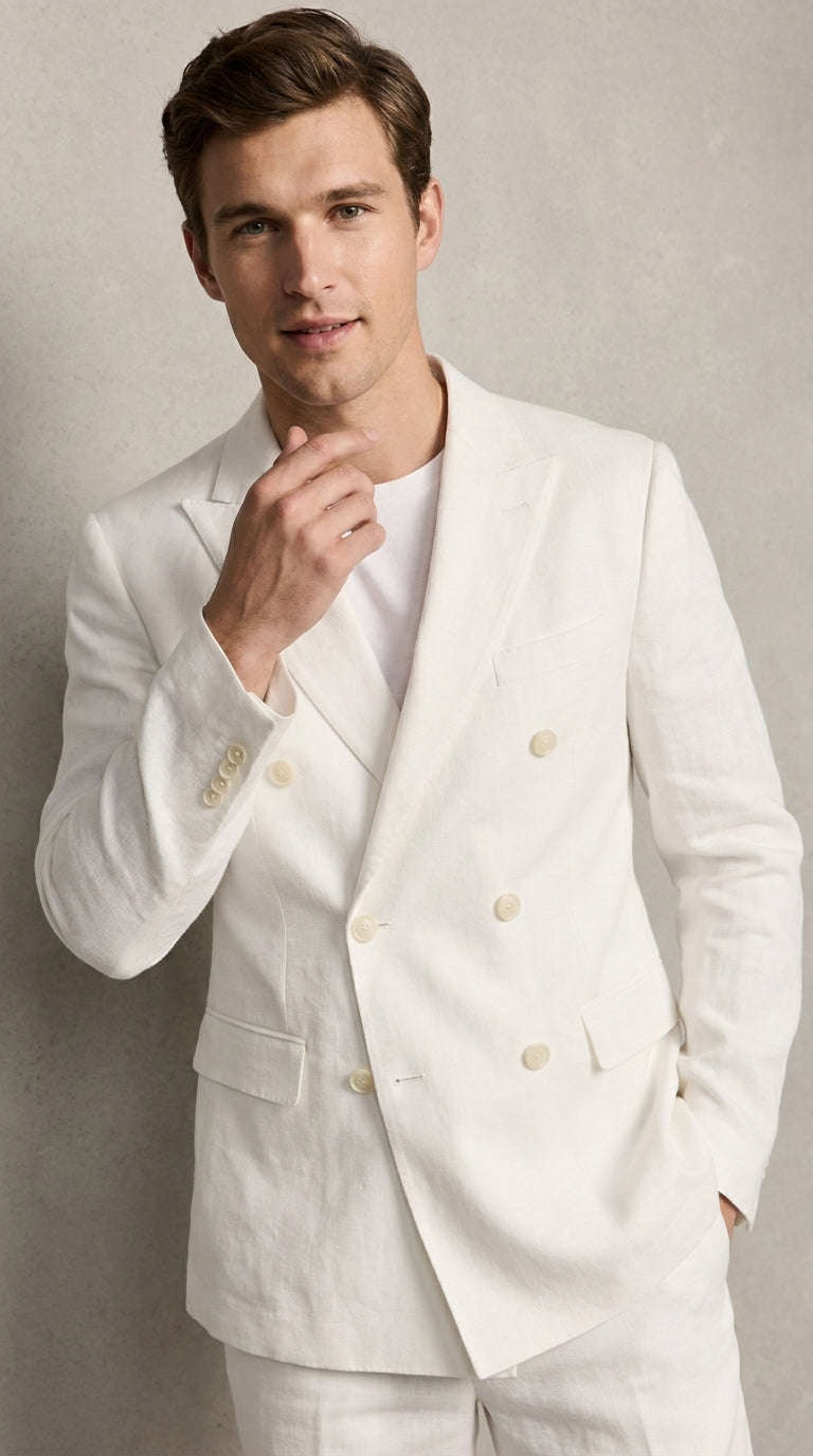 Men’s White Summer Suit with Shorts, 2 Piece Linen Style Wedding Beach Short Suit Set double breasted style