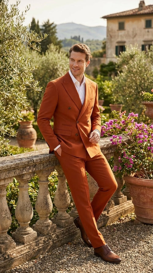 Men's double-breasted suit in a burnt orange color, constructed from smooth fabric. The suit features notched lapels, two rows of buttons, and slim-fit trousers that taper at the ankle.