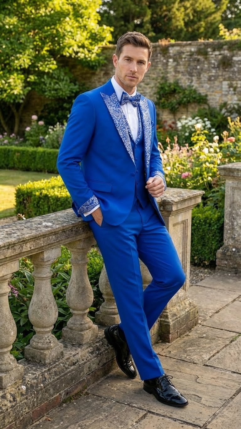 Royal blue men's tuxedo suit with white lapels. Tailored fit, long sleeves, and matching trousers. Smooth fabric. Perfect for formal events.
