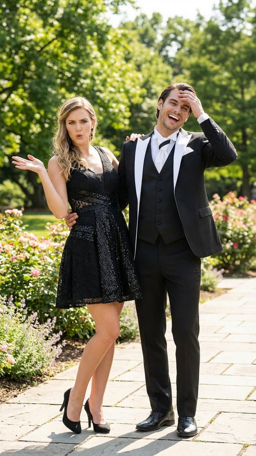 Men's classic black and white prom tuxedo suit. Features a black jacket with white satin lapels, black vest, and tailored black trousers. Single-button closure.
