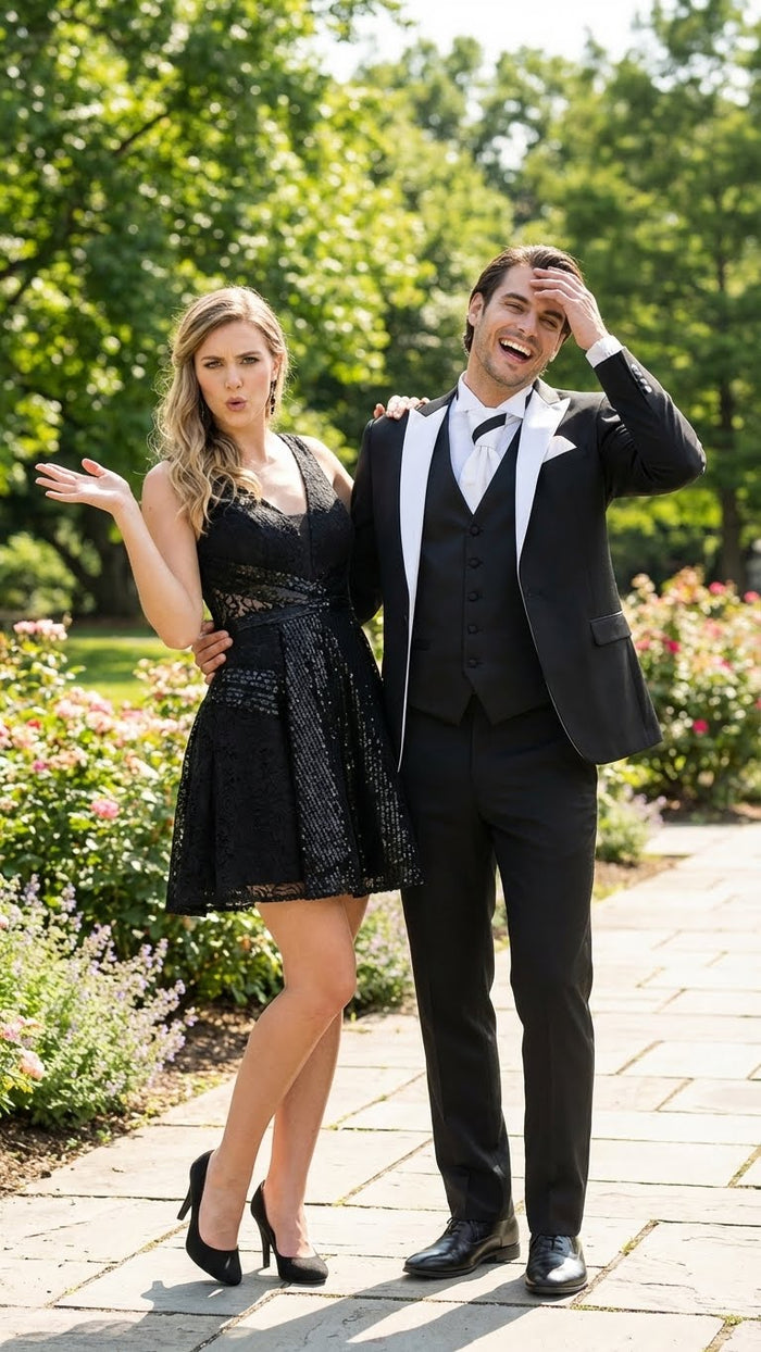 Men's classic black and white prom tuxedo suit. Features a black jacket with white satin lapels, black vest, and tailored black trousers. Single-button closure.
