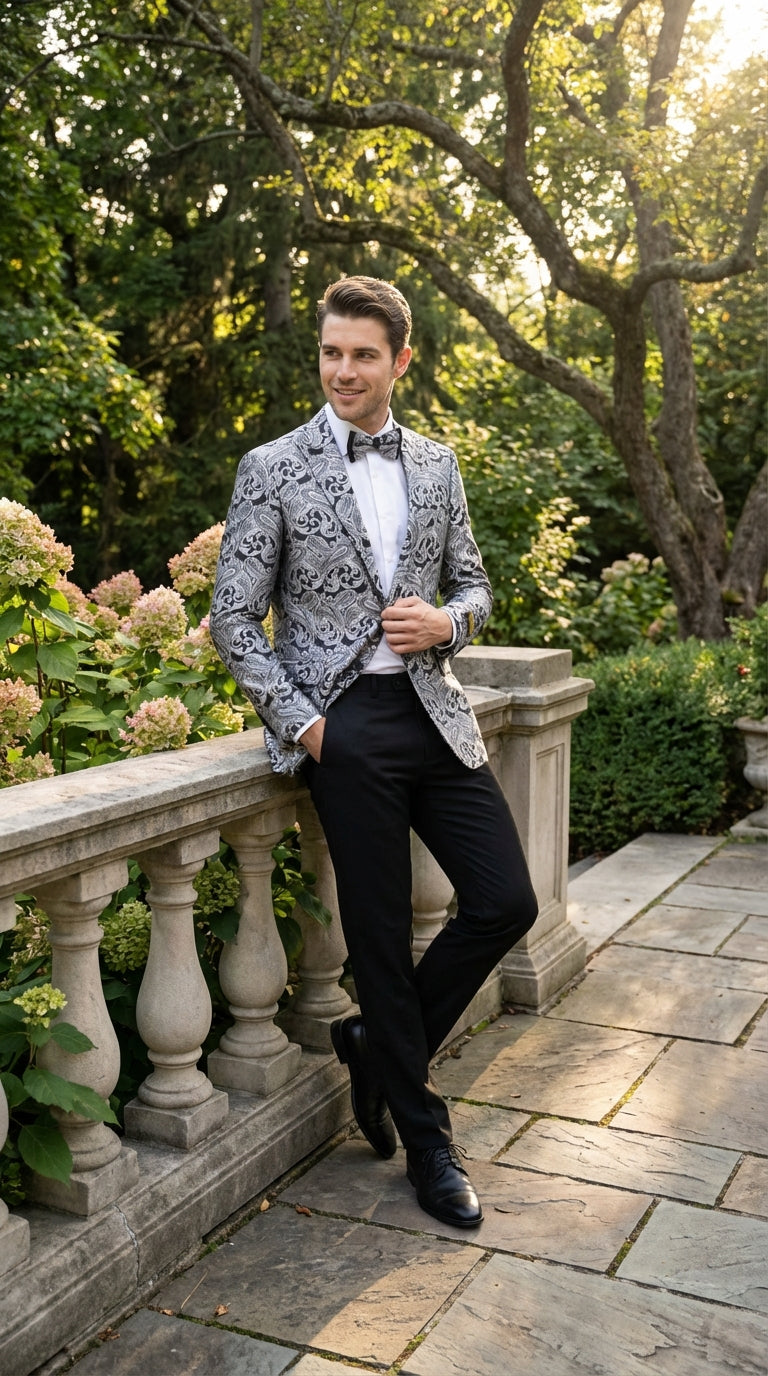 Mens Silver and Black Paisley Prom Blazer Jacket | Printed Formal Evening Tuxedo Blazer + Free Matching Bow Tie