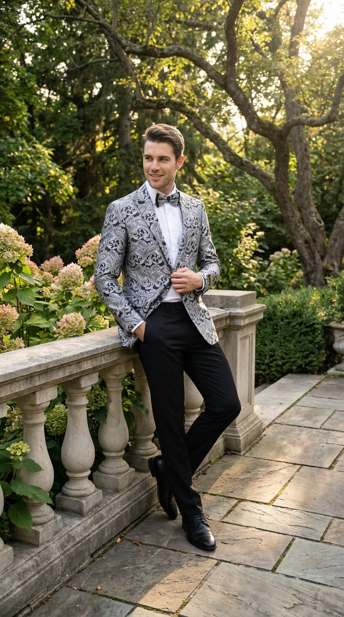 Mens Silver and Black Paisley Prom Blazer Jacket | Printed Formal Evening Tuxedo Blazer + Free Matching Bow Tie