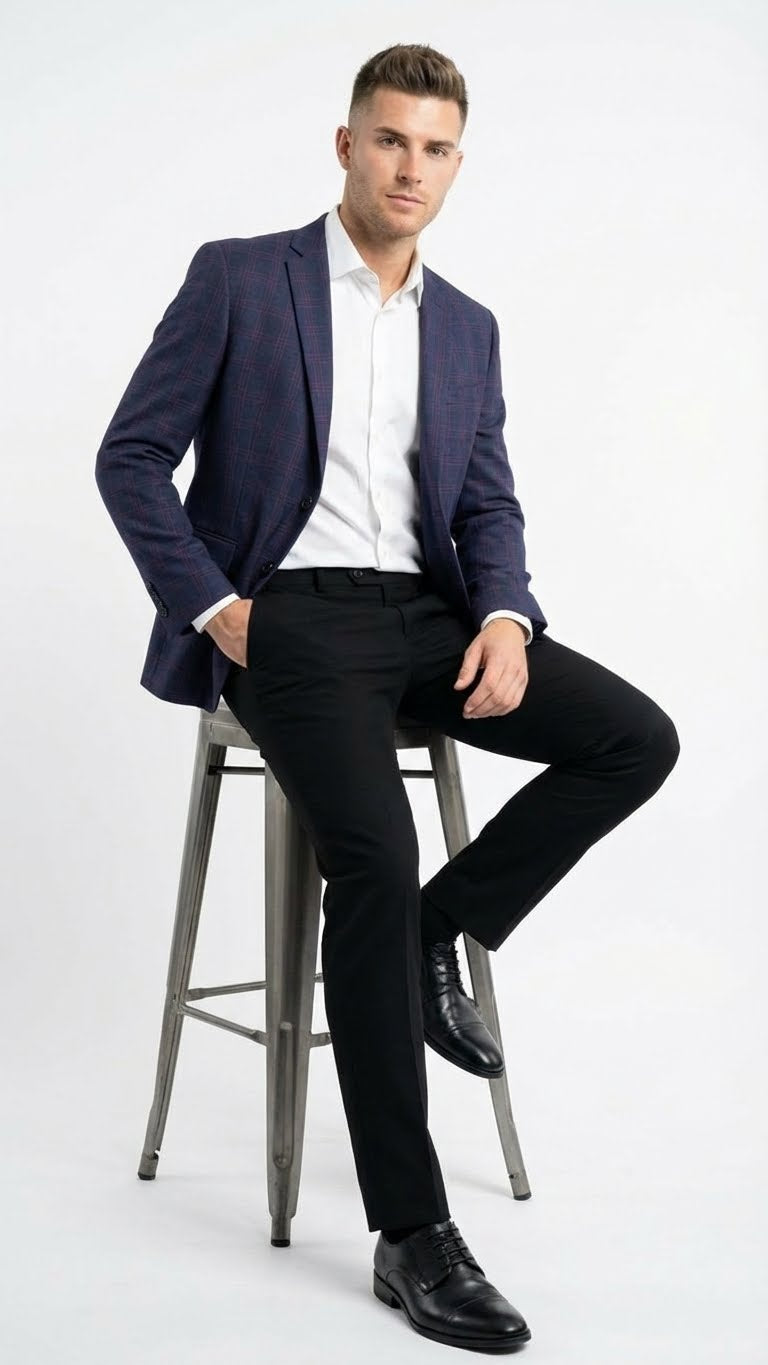 Navy blue big & tall men's jacket with burgundy plaid. Tailored fit, structured shoulders, single-button closure, and two front pockets. Woven fabric for comfort and durability.
