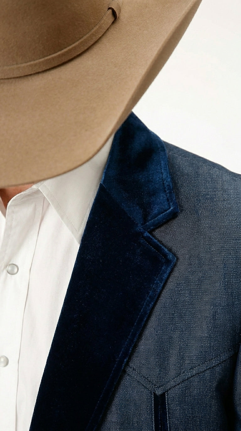Men’s Sapphire Indigo Western Cowboy Blazer – Classic Western Style Jacket, Country Casual Dress Blazer in Navy Blue with sheen