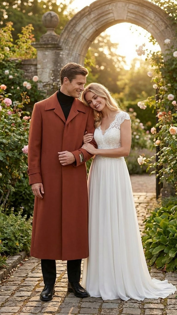 Men's cognac overcoat: tailored, straight cut, wide notch lapels. Thick wool-like fabric, long sleeves, button closure, mid-calf hem. Rich cognac color for a warm look.
