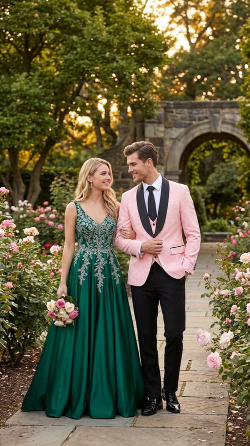 Blush pink tuxedo suit for men with black shawl lapel. Single-button blazer, structured shoulders, and black pants. Smooth finish, striking color contrast.
