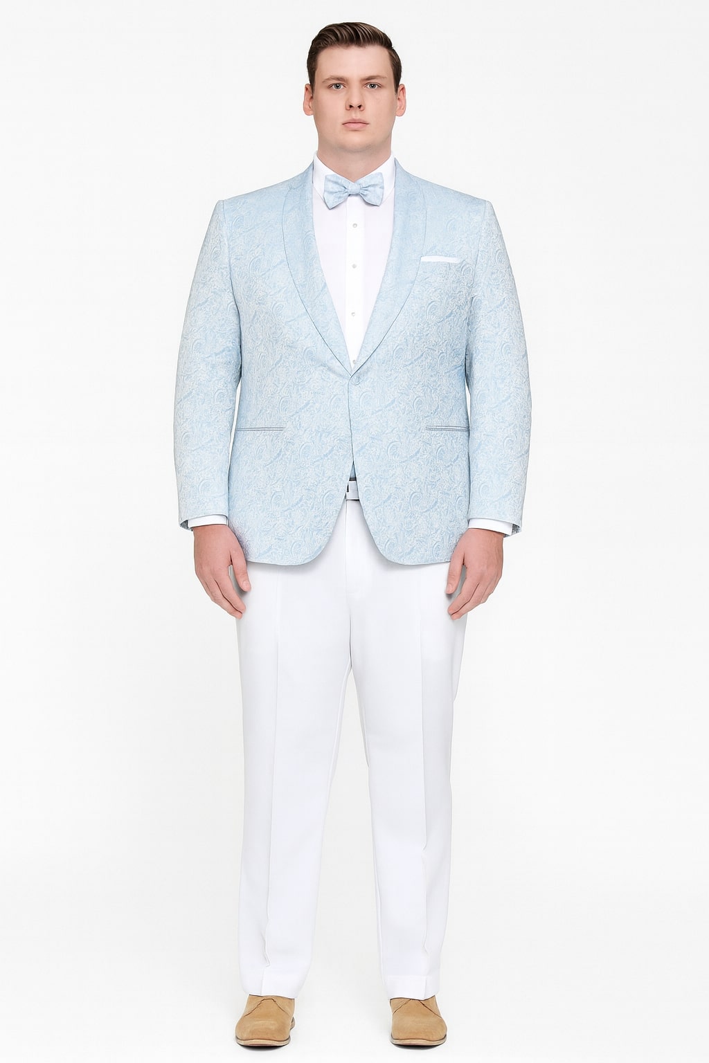 Mens Light Blue Paisley Tuxedo Jacket with Matching Bow Tie – Slim Fit Blazer for Weddings, Prom, and Formal Events