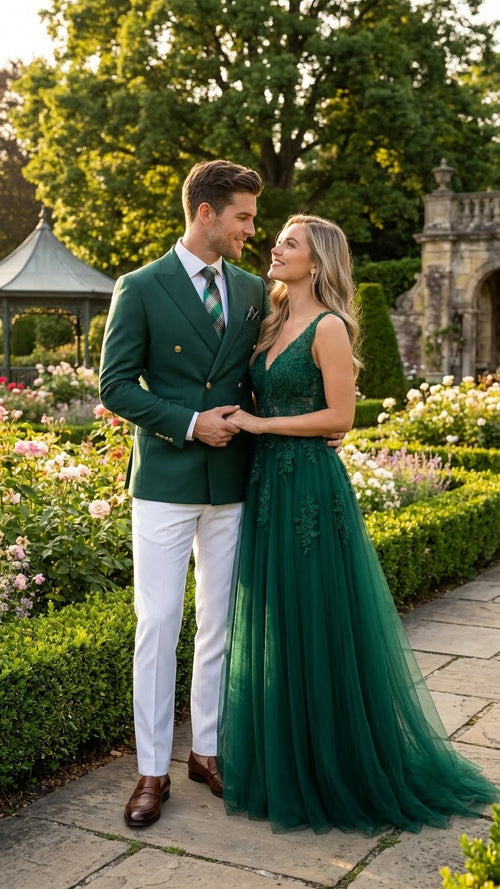 Men’s dark green double-breasted blazer features a structured silhouette with peaked lapels and dual buttons on the front, made from a smooth, woven fabric.