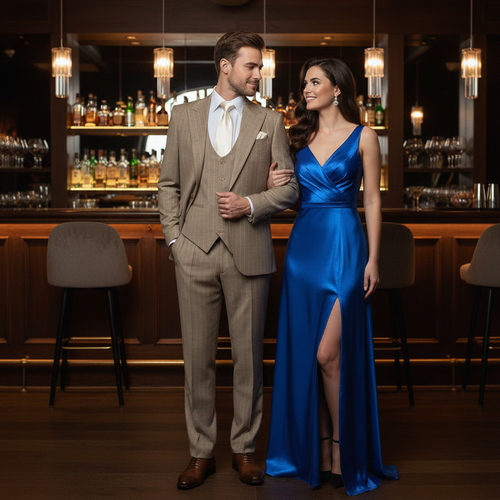 Men's beige pinstripe three-piece suit. Features: fitted jacket with peaked lapels, matching trousers, and a six-button waistcoat. Subtle pinstripe, smooth fabric.
