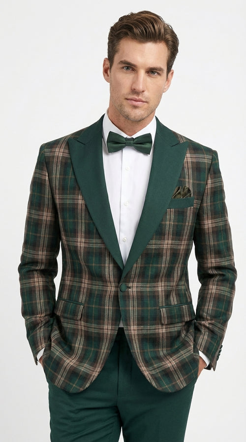 Mens Tartan Green and Brown Blue Plaid Tuxedo Dinner Jacket Set – Checkered Prom Blazer with Dark Green Pants Formal Wedding Party Wear