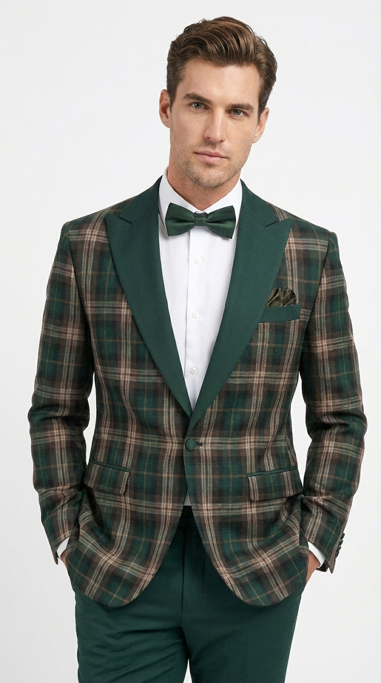 Mens Tartan Green and Brown Blue Plaid Tuxedo Dinner Jacket Set – Checkered Prom Blazer with Dark Green Pants Formal Wedding Party Wear