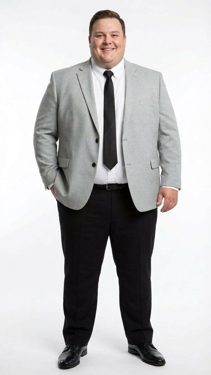 Light grey slim-fit men's blazer with notched lapels, two pockets, and a single-button closure. Paired with black pants for a sleek, structured silhouette.
