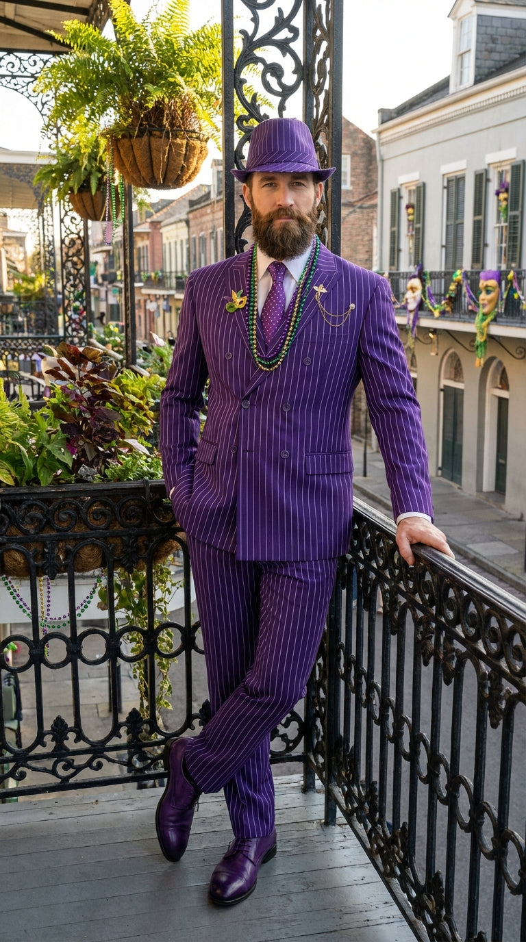 Men’s Purple Pinstripe Mardi Gras Suit | Classic Double Breasted Formal Carnival Suit