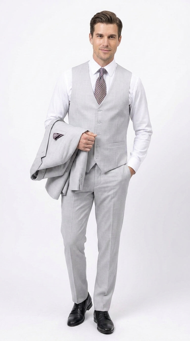 Men’s Light Grey Sharkskin 3 Piece Business Suit – Slim Fit Two Button Vested Wedding & Silver Suit
