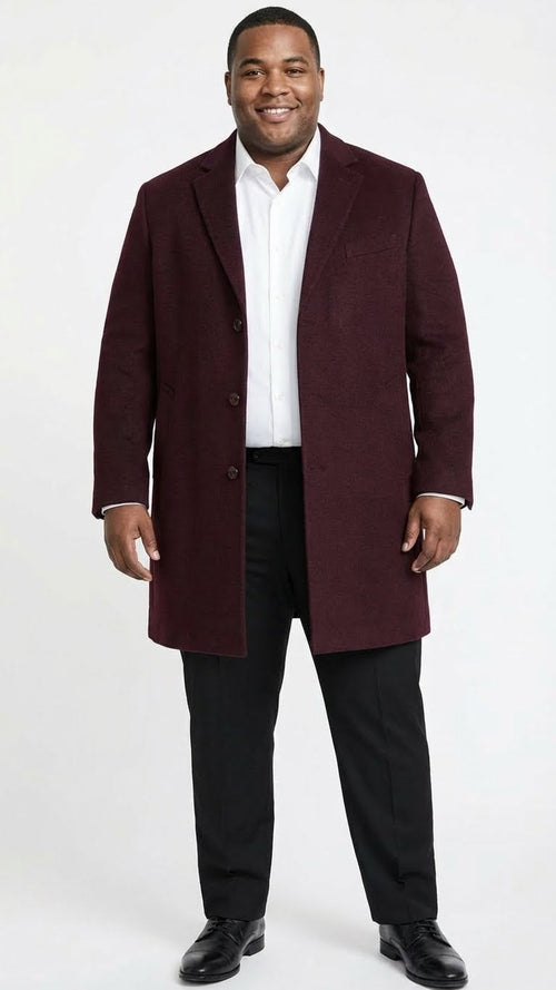 Alberto Nardoni men's burgundy overcoat. Mid-length, structured silhouette with a single-breasted, 3-button front. Notched lapel, long sleeves. Textured burgundy fabric. Knee-length, tailored fit.