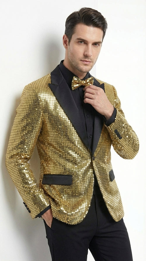 Mens Gold Sequin Blazer with Black Satin Lapel – Gold Formal Party Blazer Jacket for Prom, Wedding and Stage Events