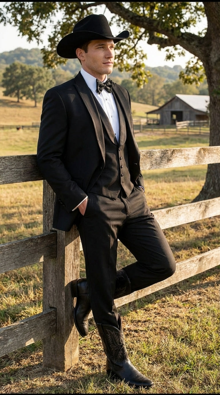 Black Western Tuxedo for Men | Classic Three Piece Formal Wedding Peak Lapel with Trim Collar Cowboy Suit