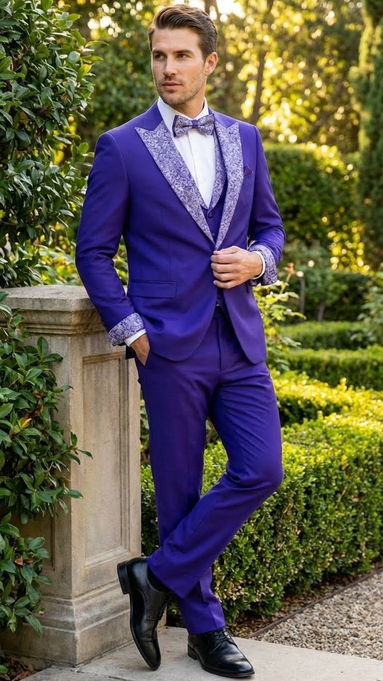 Purple & white embellished men's tuxedo suit. Fitted purple jacket with white lapel/pockets (floral pattern). Matching trousers & bow tie. Smooth, structured fabric, ideal for formal events.
