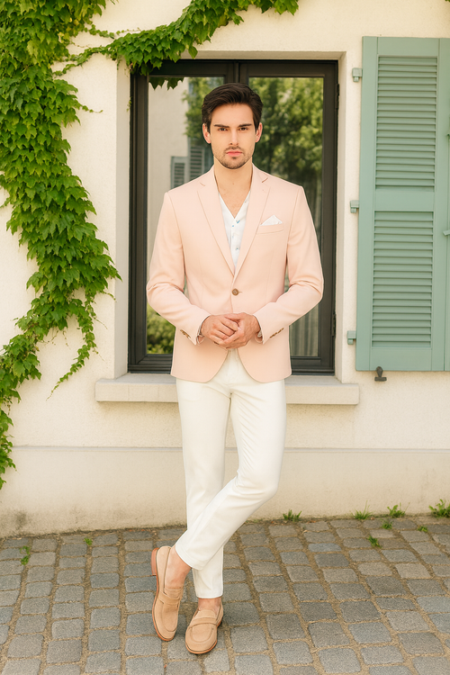 Men's slim fit blush pink blazer. Two-button closure, notch lapel. Smooth, lightweight fabric. Tailored shoulders, structured shape for a fitted design.
