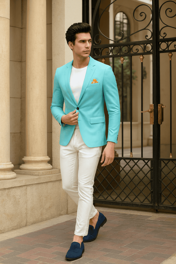 Men's aqua slim-fit blazer with one-button closure. Light turquoise, tailored design, and a stylish floral inner lining for a fashionable look.
